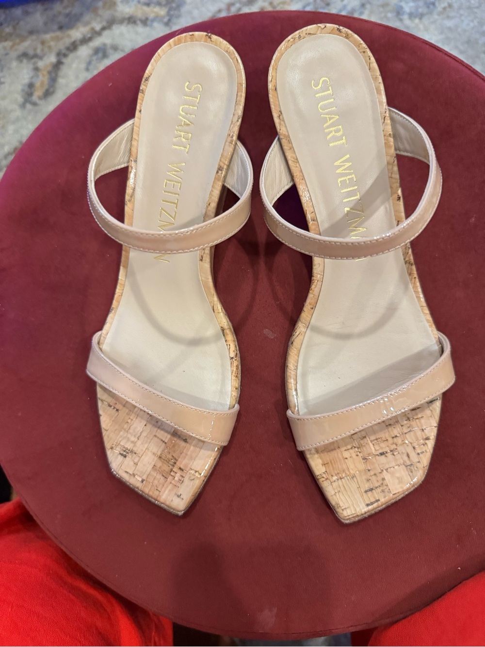 Stuart Weitzman Nude Sandals with Double Straps + Cork Wedge